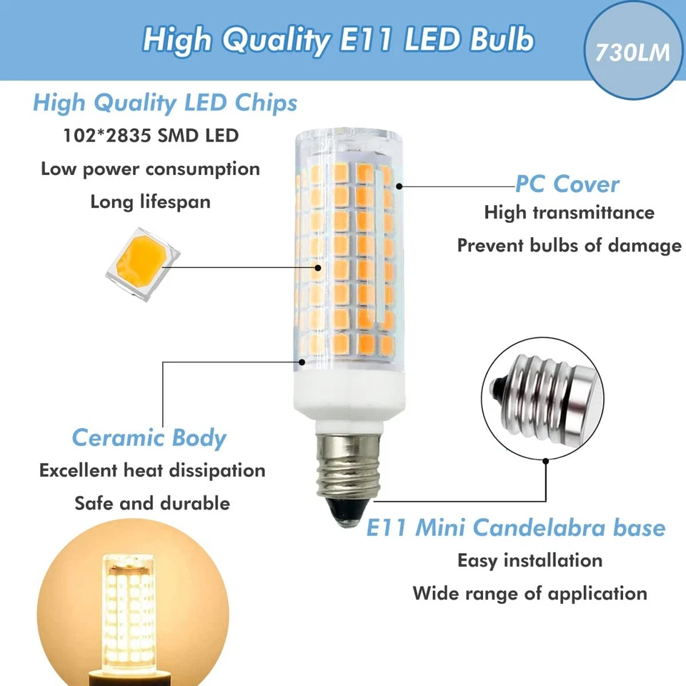 [Pack of 5] E11 LED Light Bulb 7W Dimmable Mini Candelabra Base 75W Halogen E... - Image 3 of 4