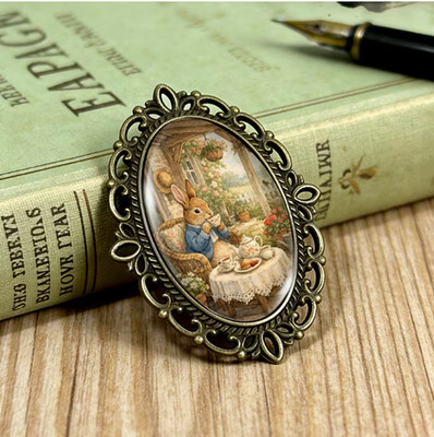 BROOCH- Rabbit's Tea Party Brooch Oval Lace-Edged Glass Brooch