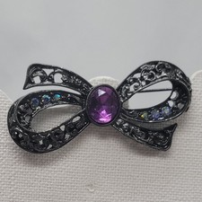 Black Bow Brooch Pin Purple & Iridescent Rhinestones Filigree Design Vintage-Ins