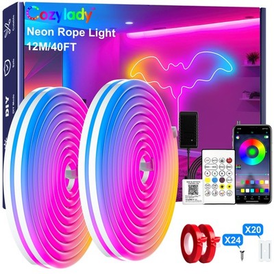 12M(2 Roll 6M) RGB Neon Lights LED Rope Light,40ft Waterproof Bluetooth APP R...