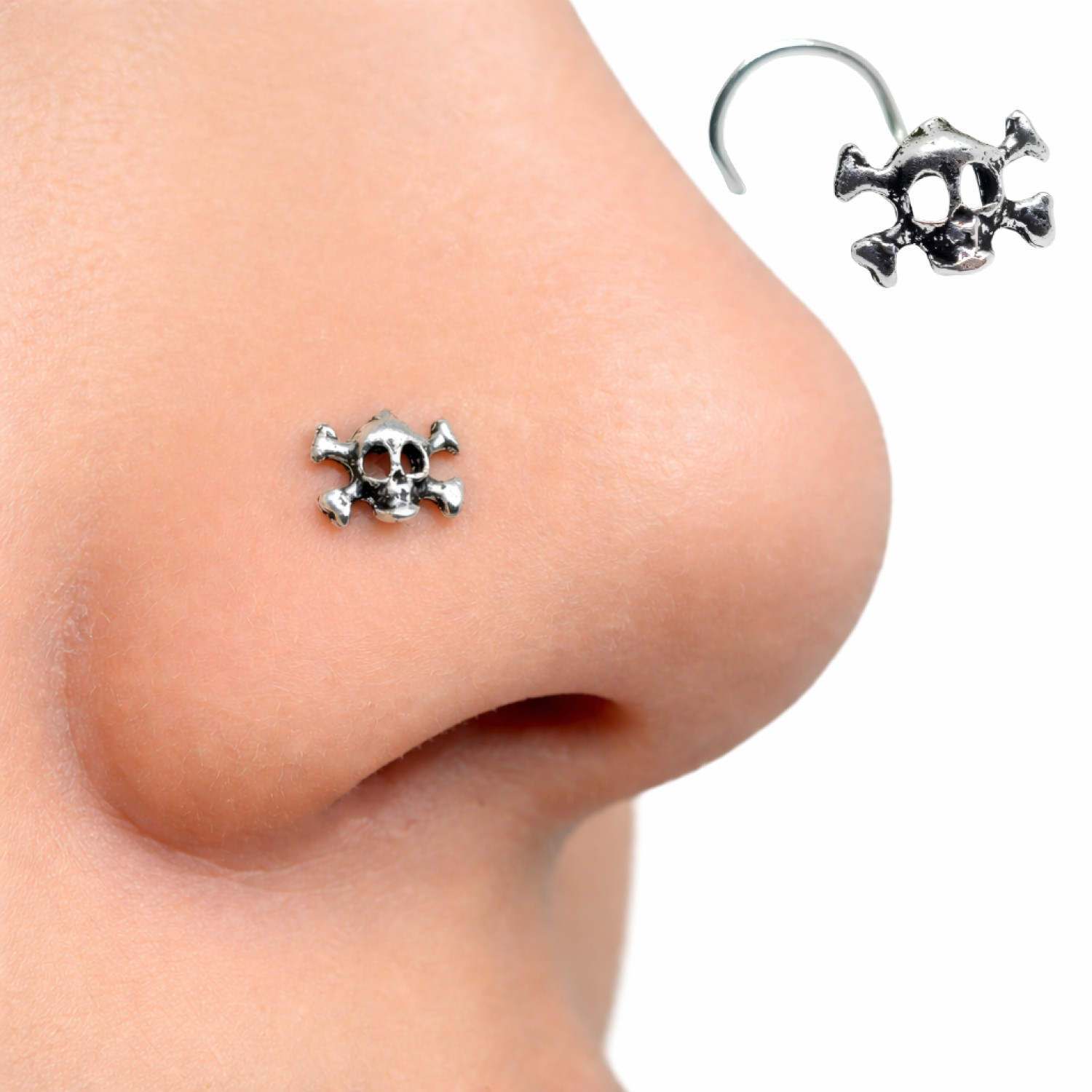 Skull Crossbones Nose Stud 925 Silver 22G Screw Curl Gothic Piercing