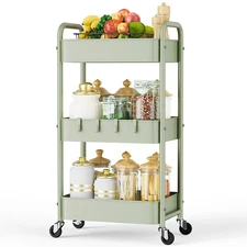 3 Tier Rolling Storage Cart, Metal Trolley Utility Cart with Wheels & Hooks, ...