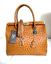 ITALIAN LOCK & KEY OSTRICH-EMBOSSED LEATHER BAG HANDBAG SATCHEL - MADE IN ITALY