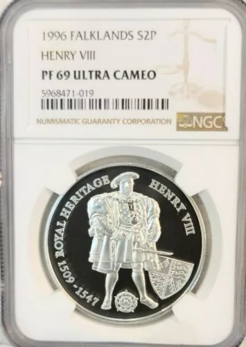 1996 FALKLAND ISLANDS SILVER 2 POUNDS HENRY VIII NGC PF 69 ULTRA CAMEO TOP POP