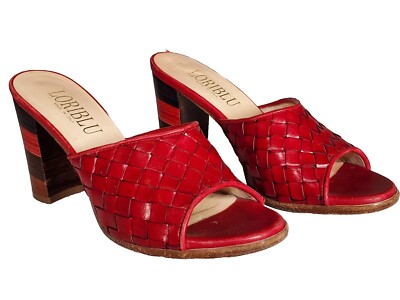 LORIBLU Red Woven Leather Four-Color Block Heel Mules Italy Women's Size US 6