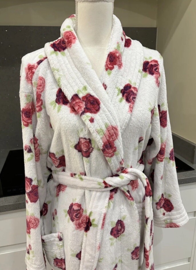 Peaches & Dreams White & Pink Rose Print Dressing Gown Large 1618