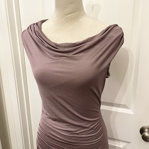 By Anthropologie Asymmetrical Slim Midi Dress- Taupe Purple- Womens SZ Small - Picture 7 of 23