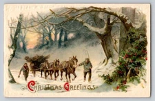 Postcard c1910 Winsch Back Horse Team Hauling Wood Men Scene Christmas P366
