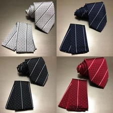 Mini Polka Dots Stripes Neck tie and Pocket Square Hankie Formal Party Wedding