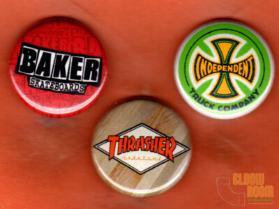 Set of three 1'' Skater pinback buttons pins Baker Independent Thrasher 
