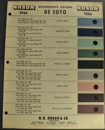 1956 DeSoto Paint Chip Colors Sheet Fireflite Firedome Excellent Original 56