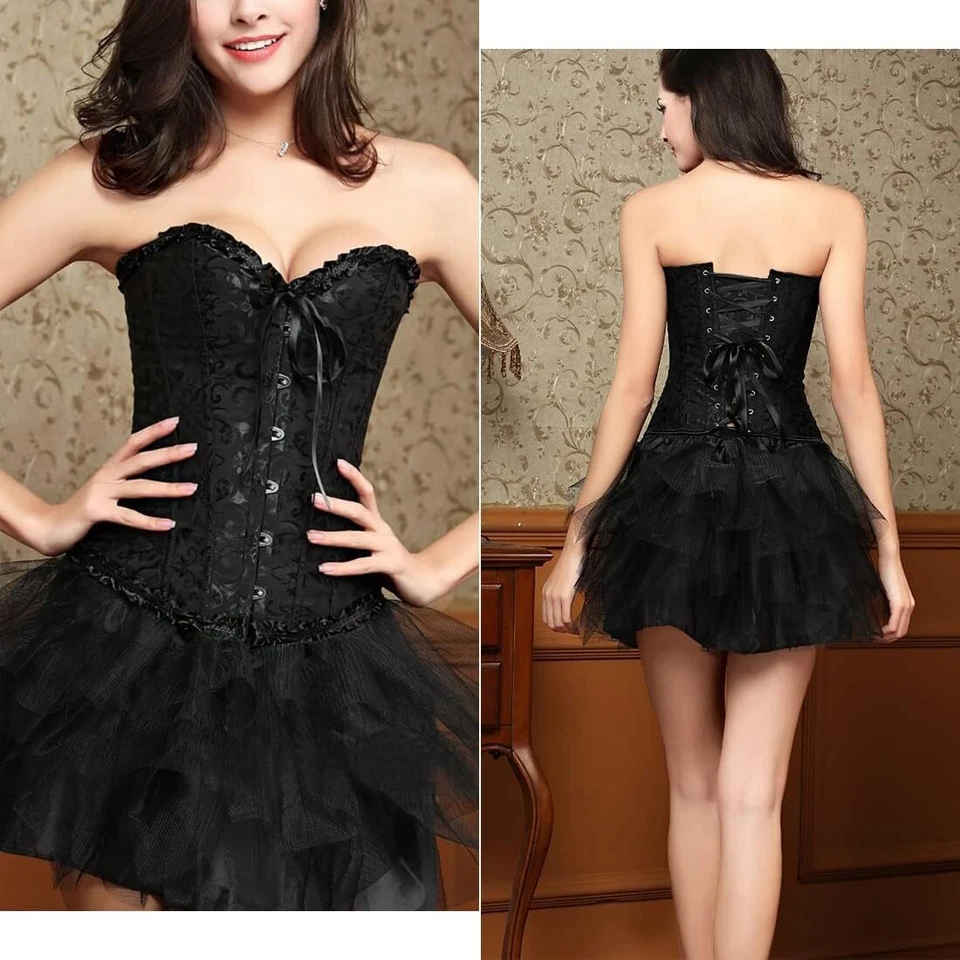 Women Brocade Bustier Overbust & Tutu Skirt Outfits Set Boned Corset Top Lace Up - Image 3 of 4