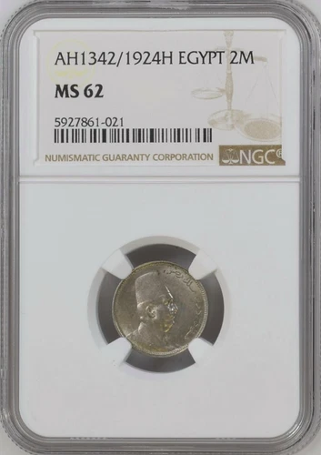 EGYPT , 2 MILLIEMES KING FUAD FOUAD 1924 NGC MS 62 , RAREP