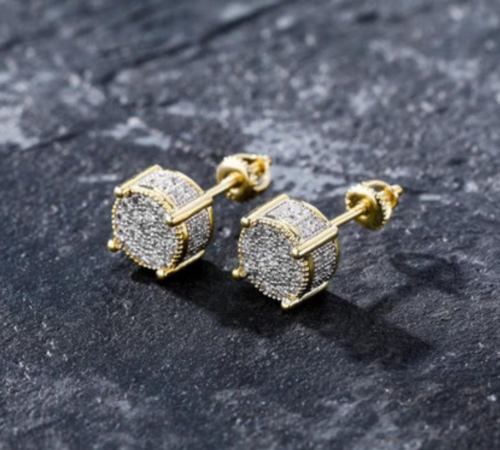 Glittering White Pave Set 0.43CT Moissanites In 10K Yellow Gold Men's Earrings - Picture 1 of 5