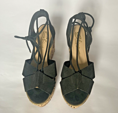 Sbicca Staycation Sandal Women Size 7 Black Leather Ankle Lace Up Platform Wedge - Picture 2 of 10