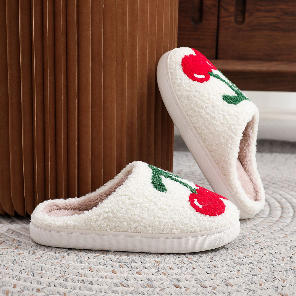 APL Women Casual Fluffy Slippers Cozy Cherry Cute Indoor Shoes Non Slip for Winter