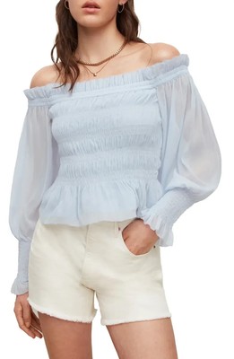 off the shoulder shirred peplum blouse