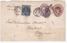 1887 QV LONDON TO CANADA QUADRUPLE 10d RATE COVER 2½d BLUE 6d 1.5d EMBOSSED