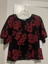 NEW Liz Claiborne Rayon Nylon Knit Red Floral Glitter Black Medium Sweater