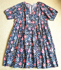Womens Dress-LOFT-blue/pink floral 'Spring Bloom' swing Cottagecore buttondown-L