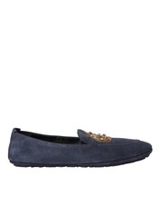 Dolce & Gabbana Blue Leather Suede Crystal Crown Loafers Men's Shoes Authentic