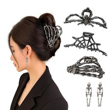 3PCS Black Metal Spider Web Skeleton Hand Skull Hair Claw Clips for