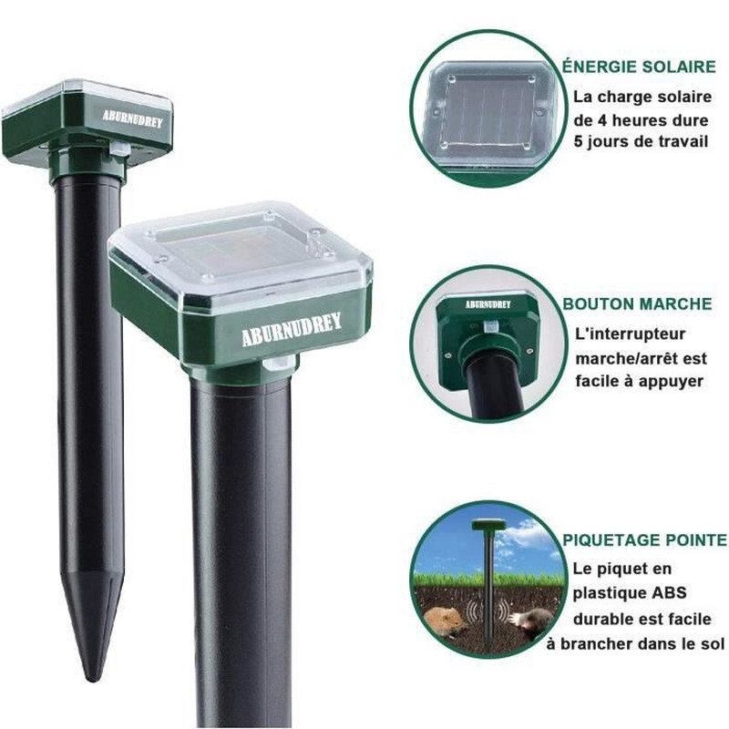 Répulsif serpent et taupe ultrasonique solaire pour éliminer les galeries du potager - Set de 2