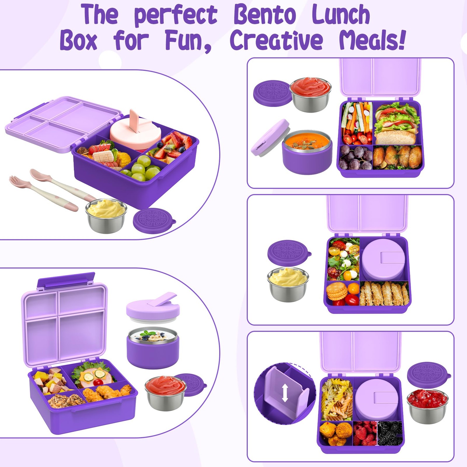 Kids Bento Lunch Box with 8oz Soup Thermo, Kids Leakproof Lunch Food Containe...