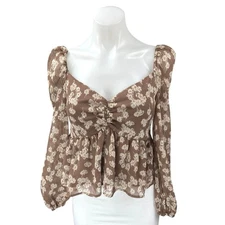 Grade & Gather Brown Floral Long Sleeve Smocked Babydoll Peplum Blouse Top Sz M