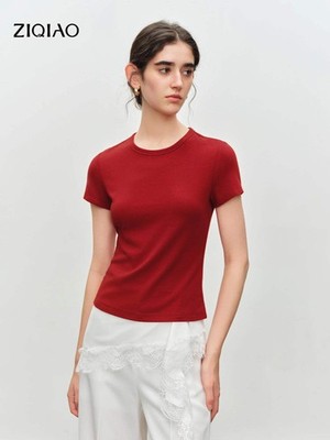 ZIQIAO Elastic Solid Basics Short-sleeved Slim-fit Knit T-shirt for Women New Su