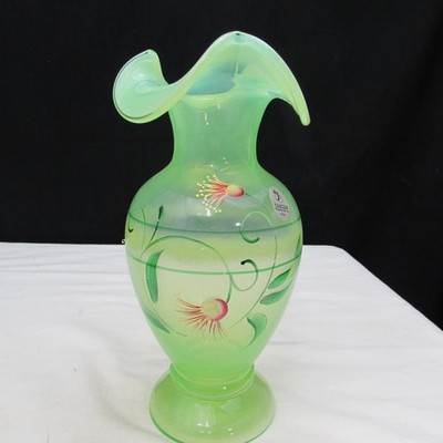 Fenton Key Lime Floral Hand Painted Tri Finish Vase Special Order GLOWS! 09 W353