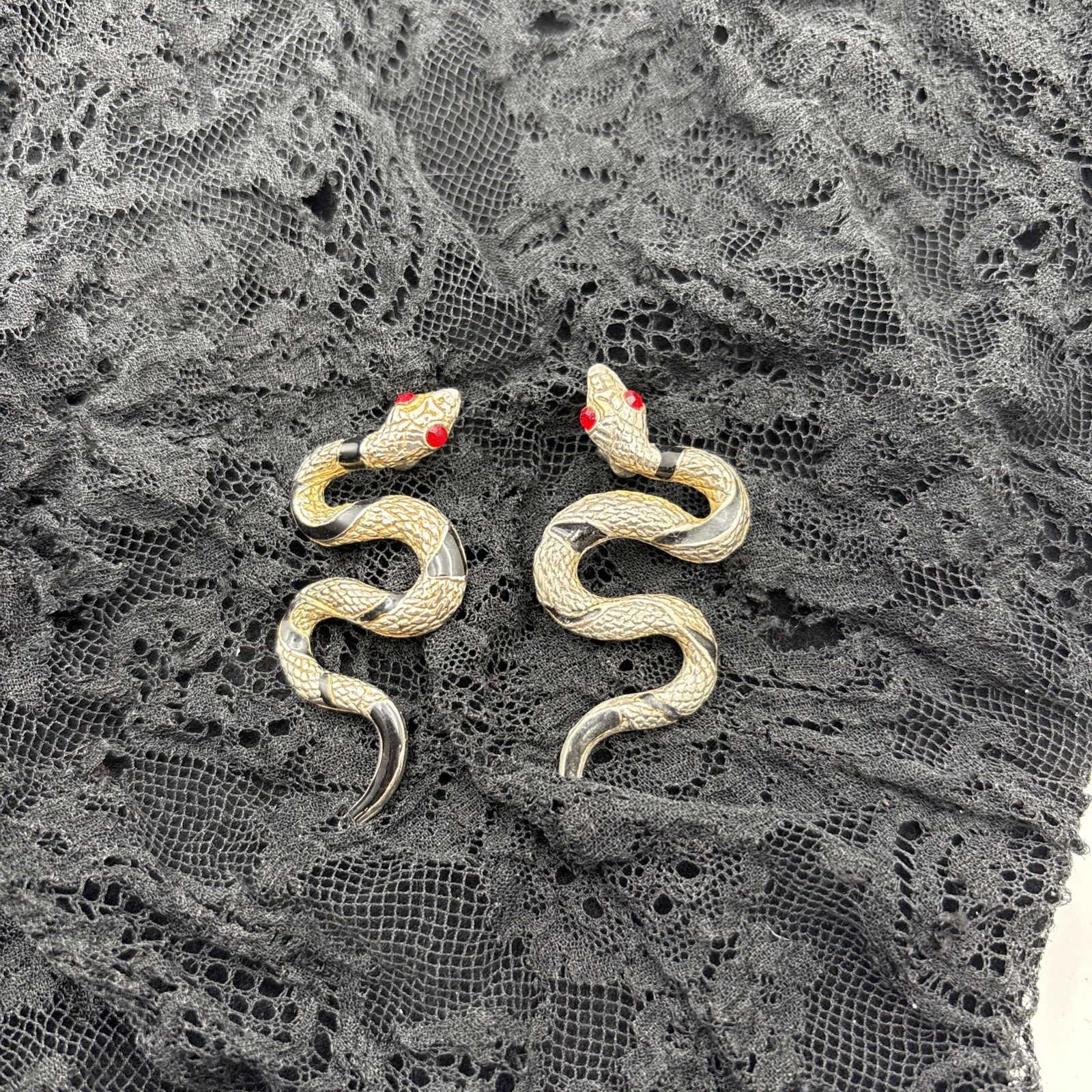 Vintage Style Snake Earrings Gold Tone Black Enamel Red Eyes Serpent Pierced