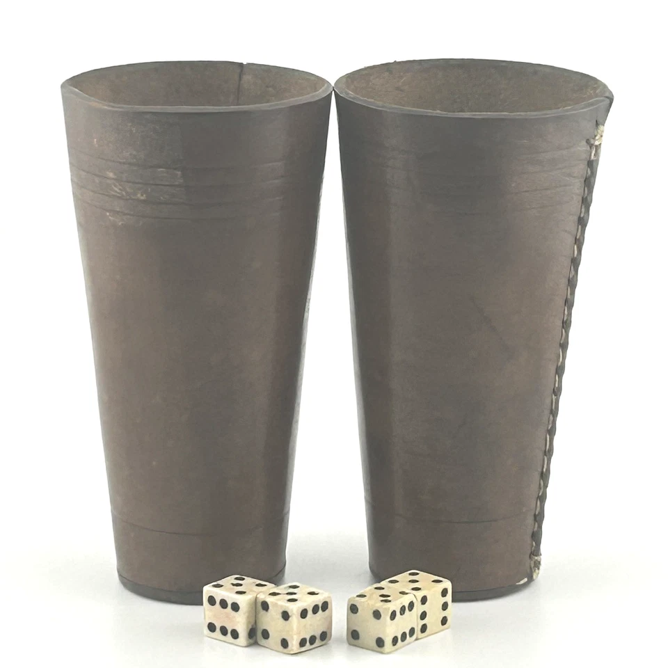 Antique Stitched Leather Dice Shaker Cups and 4 x Antique Hand Carved Dice 19thC - Image 2 of 4