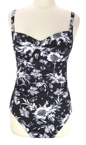 Nip Tuck schlankmachender Badeanzug Größe 10 schwarz Blumenmuster gerafft Bandeau Einteiler