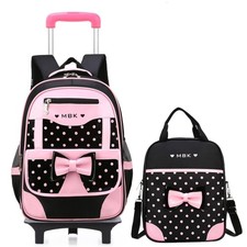 Girls Rolling Backpack Set Cute Bowknot Kids Schoolbag with Wheels Trolly Boo...