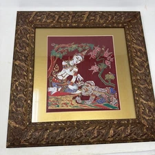 Framed Thai Art On Red Silk India Hindu God Goddess Painting Folk Art 19" x 19"