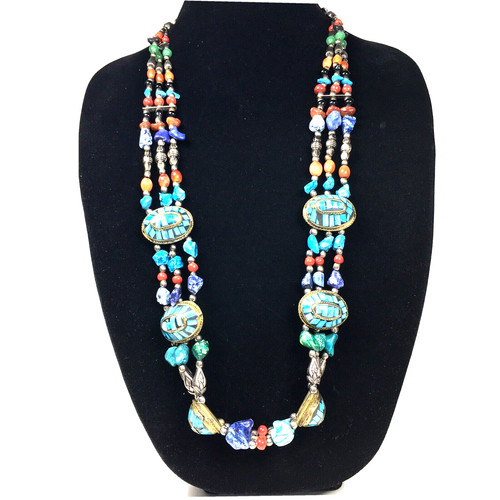 Multi Color Stone Necklace Handmade Mixed Materials Chunky Triple Strand 36"
