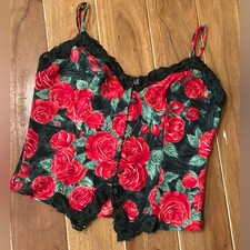 Vintage Victorias Secret Gold Label Red Rose Floral Lace Camisole Green Y2K P