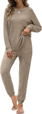 Womens Ribbed Knit Lounge Set 2 Piece Outfits Long Sleeve Pajama Set Loungewear