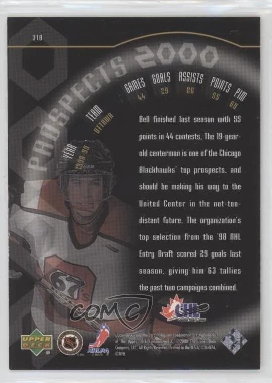 1999-00 Upper Deck Gold Reserve Prospects 2000 /2500 Mark Bell #318 - Image 2 of 2