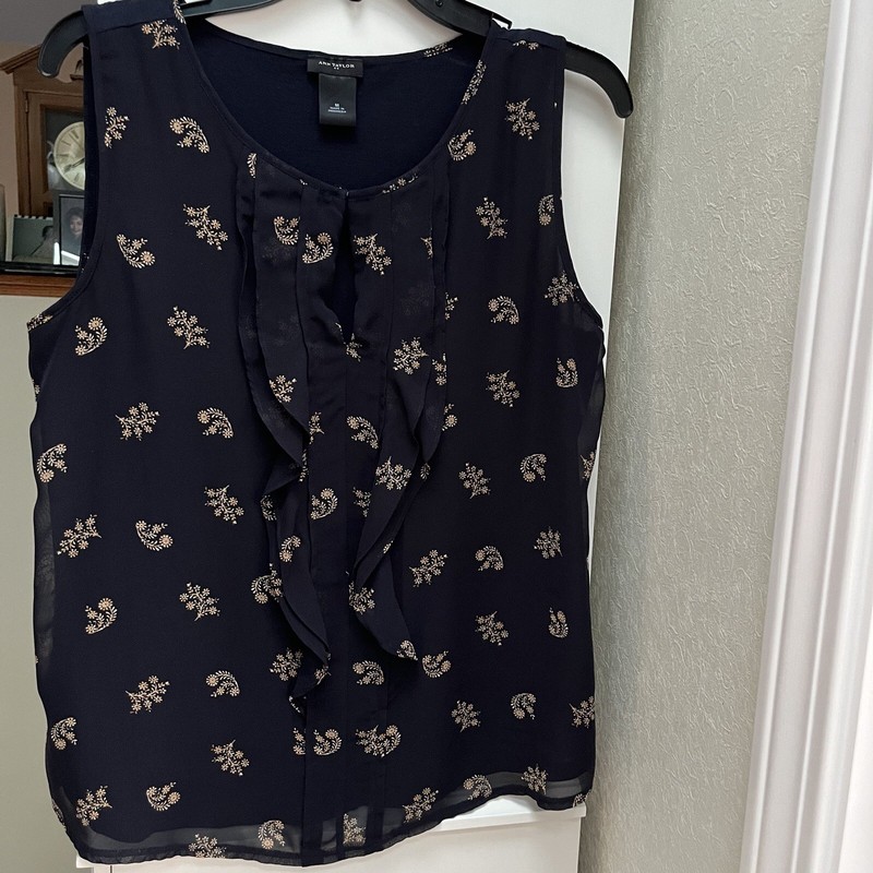 Ann Taylor Sleeveless Navy Blue/Gold Chiffon Top - Siize M - NWOT