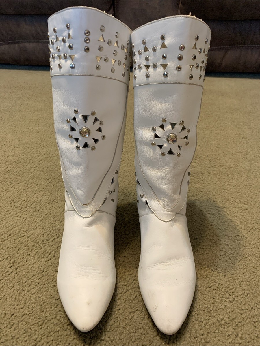 VTG 80s L J Simone White Leather Boots Studded Southwest VTG 80s L J Simone White Leather Boots Studded Southwest