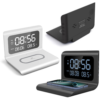 Digital Alarm Clock 15W Wireless Charger With Thermometer For Bedroom,Office