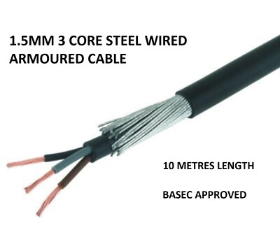 1,5 mm 3-adrig Stahl verdrahtet Panzerkabel 10 Meter 6943x BS5467 BASEC ZUGELASSEN