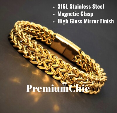 Men's Stainless Steel Bracelet Mesh Woven Wristband w Magnetic Clasp Gold Plated