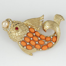 Koi Fish Brooch Faux Coral Rhinestone Pearl Carnegie Ciner Style Pin READ ALL
