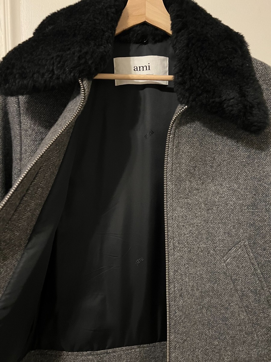AMI Paris Mattiussi Genuine Shearling Collar Wool Blend Jacket | eBay