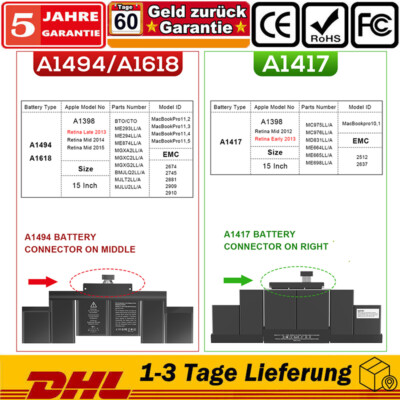 AKKU A1618 A1417 Für Apple MacBook Pro 15'' Retina A1398 2015 020-00079 Batterie