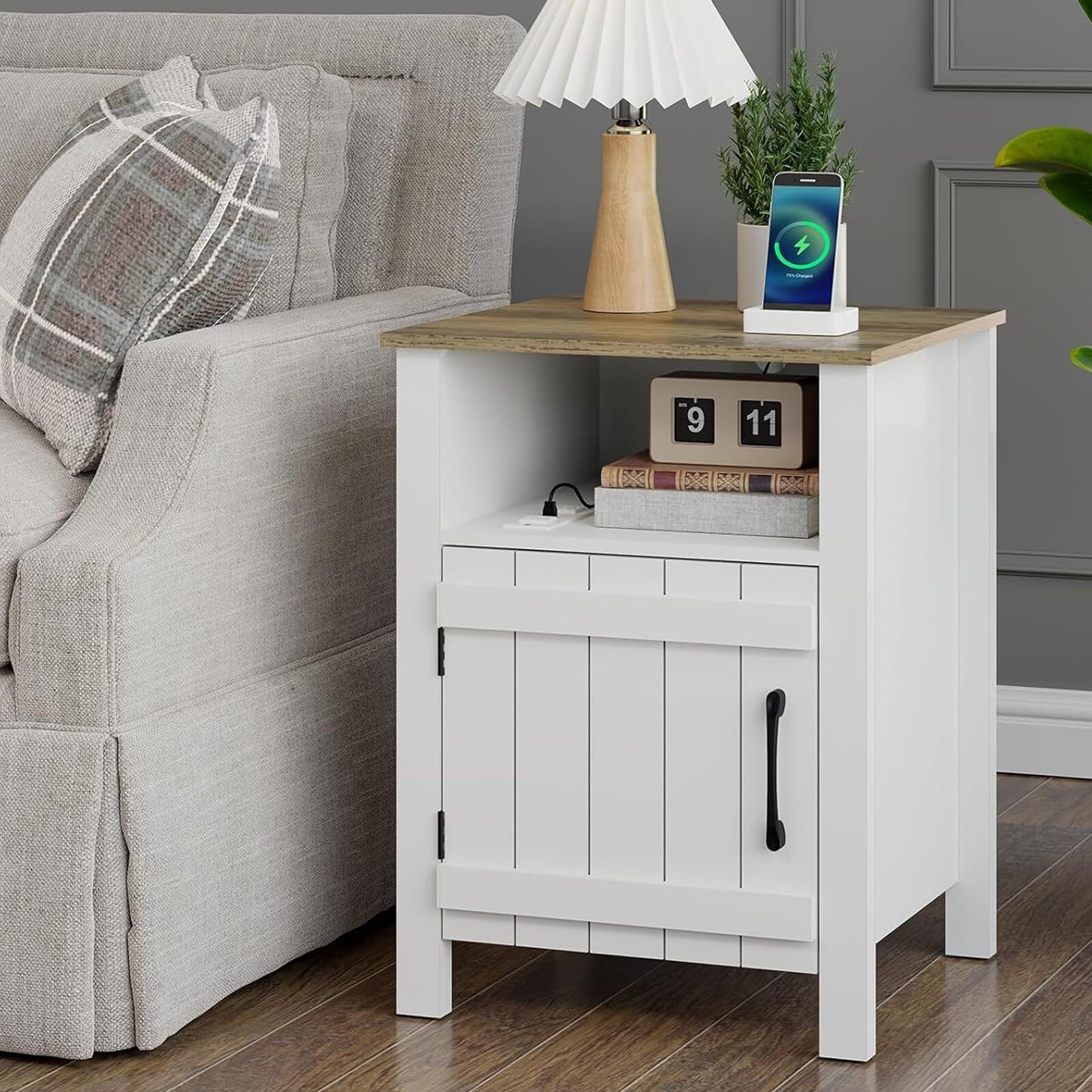 Large Farmhouse Nightstand with USB Charging Station 15.7x17.7x23.6 Inches
