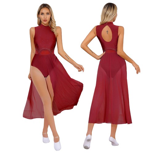 Womens Lyrical Dance Leotard Dress Mock Neck Sleeveless Lace Mesh Skirt Costume - Picture 53 of 133